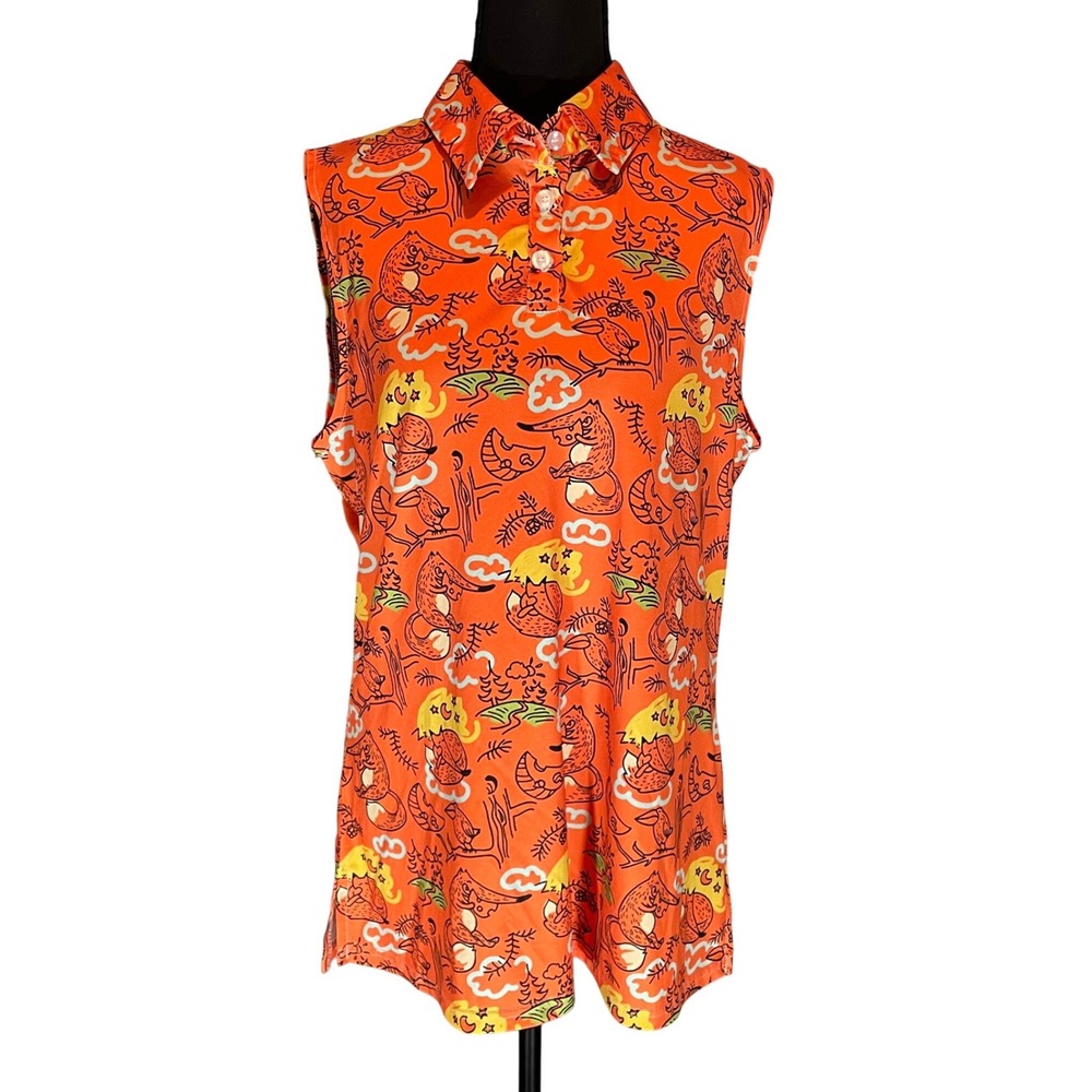 Orange Fox Animal Print Sleeveless Polo Golf Shirt L Dopamine DressinG